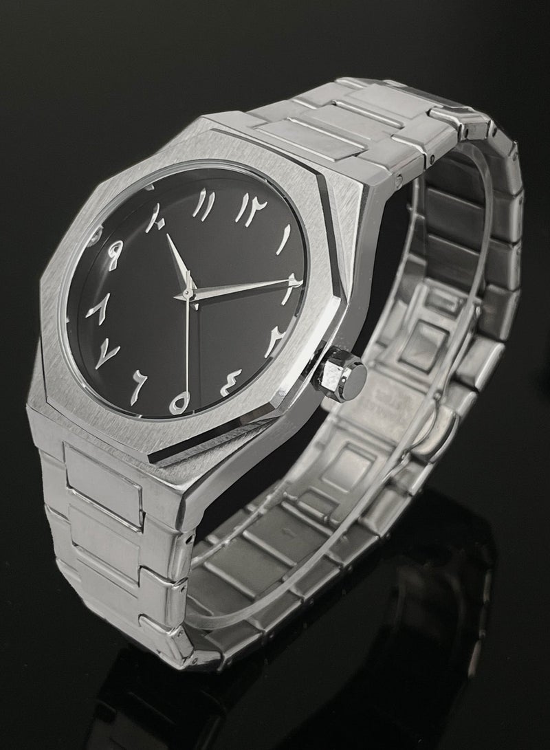 إيه آن د دبليو ساعة عربية فضية رجالية، ساعة يد كوارتز بتصميم ثماني من سبائك معدنية، أرقام عربية واضحة، سوار ستانلس ستيل، مقاومة للماء 3ATM، زجاج معدني، هدية لمحبي الساعات العربية - Image 5